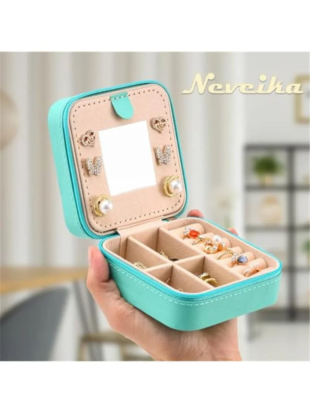 Travel Jewelry Box Organizer Case Mirror Ring Earring Necklace Storage Blue